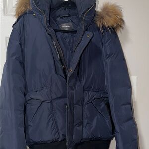 Mackage Dark Blue Puffer Jacket with Fur Trim